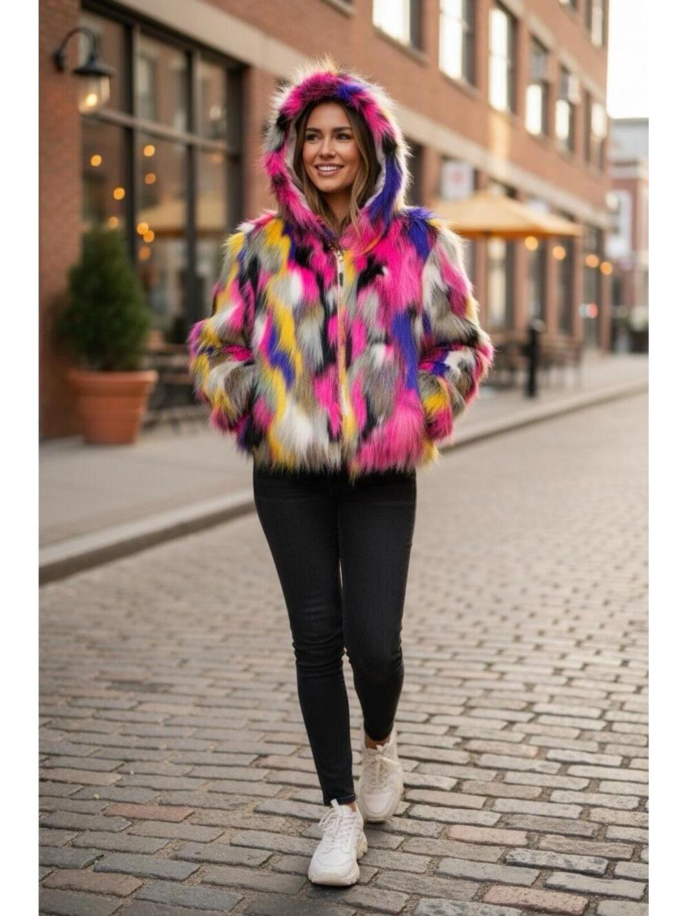 Rockstar Original Women Faux Fur Multicolor Hooded Crop Jacket NWT Size M - Picture 2 of 16